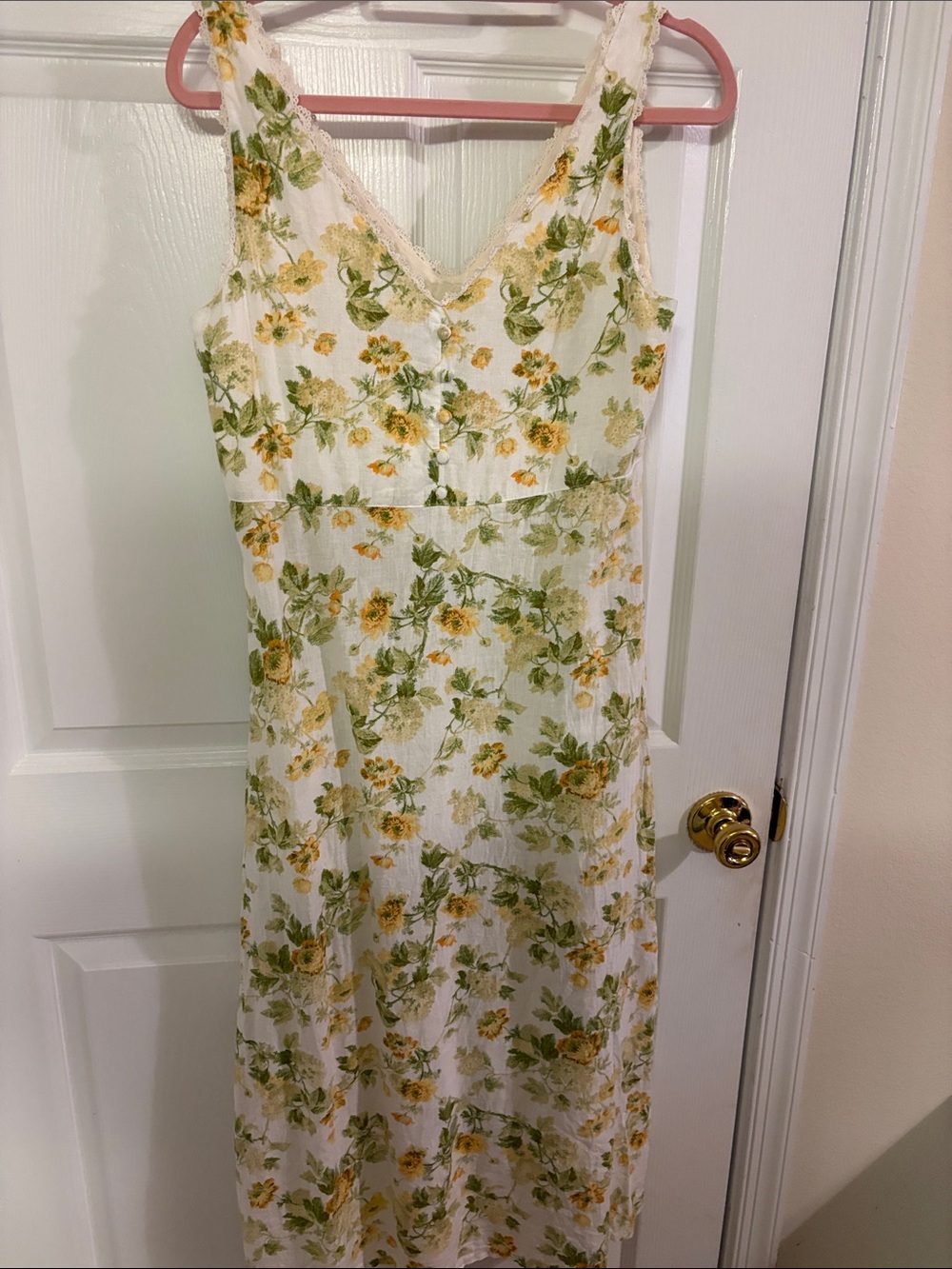 Laura Ashley White Floral Midi Dress with Yellow & Green Print
